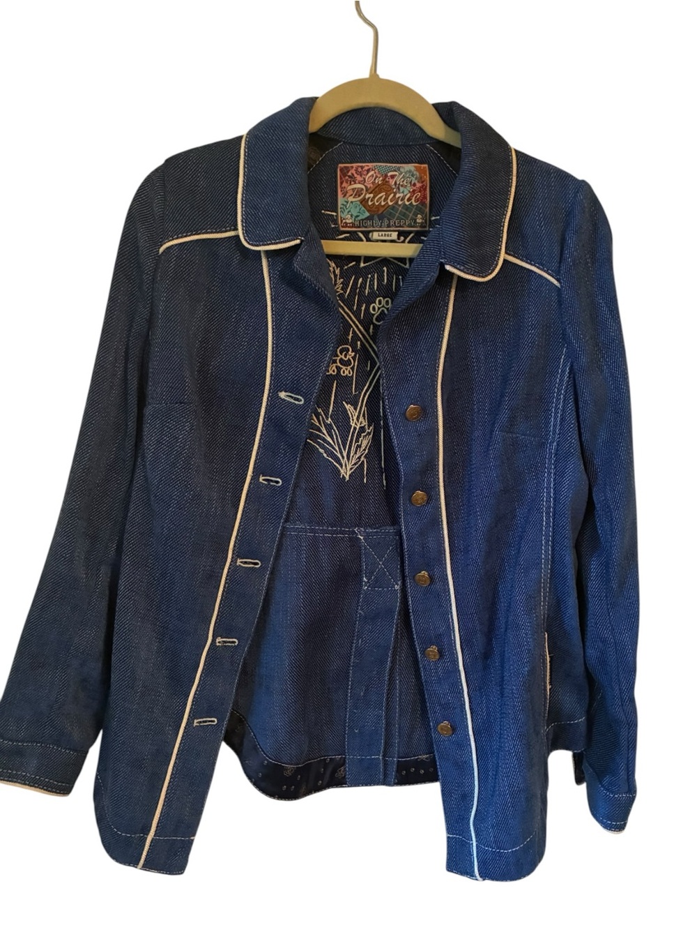 Highly Preppy On The Prairie Denim Jacket Blue Piping Blazer Coat Size L Large - Picture 3 of 11